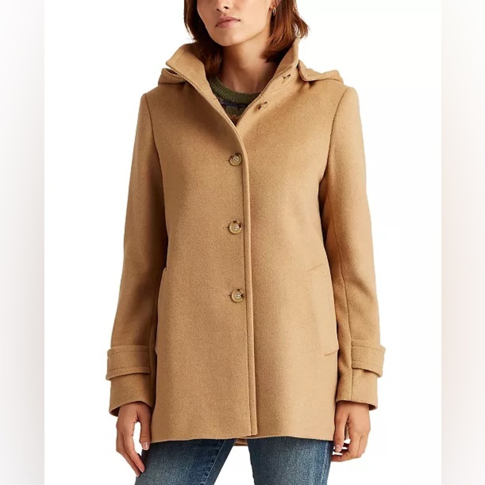 Lauren Ralph Lauren Wool Blend Hooded Coat Tan Camel Jacket Size M